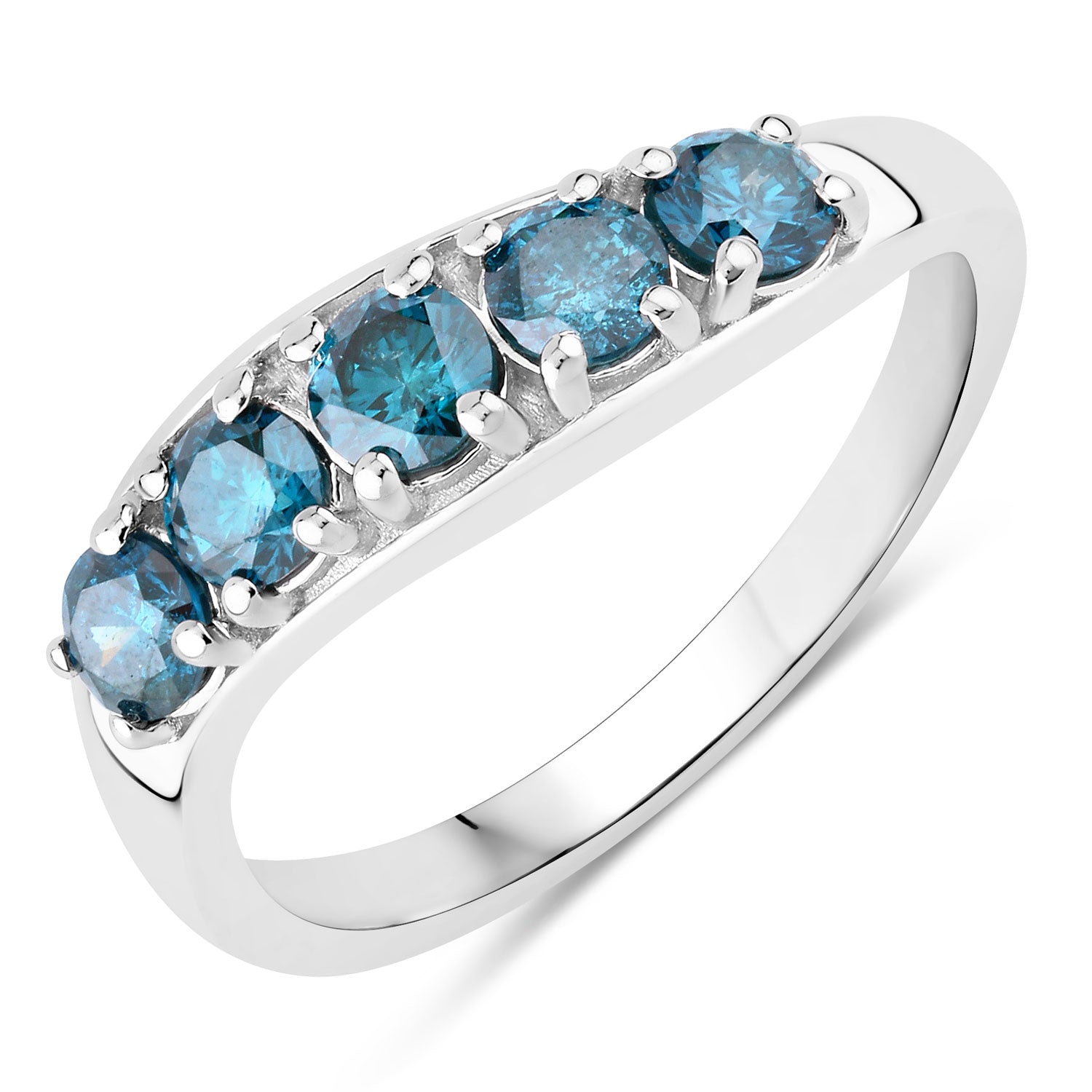 0.76 Cttw Round Teal Blue Diamond Rhodium Plated Silver Five Stone Ring