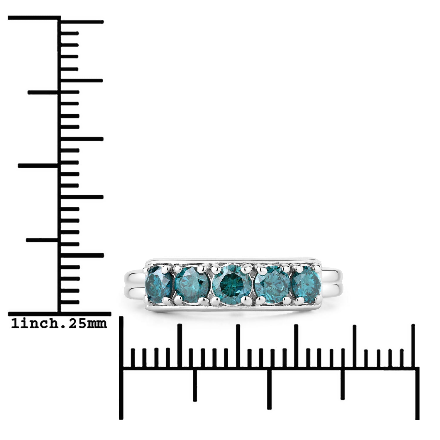 0.76 Cttw Round Teal Blue Diamond Rhodium Plated Silver Five Stone Band Ring