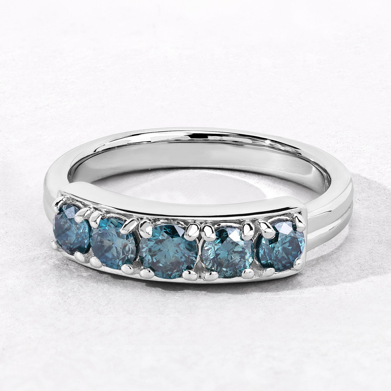 0.76 Cttw Round Teal Blue Diamond Rhodium Plated Silver Five Stone Band Ring