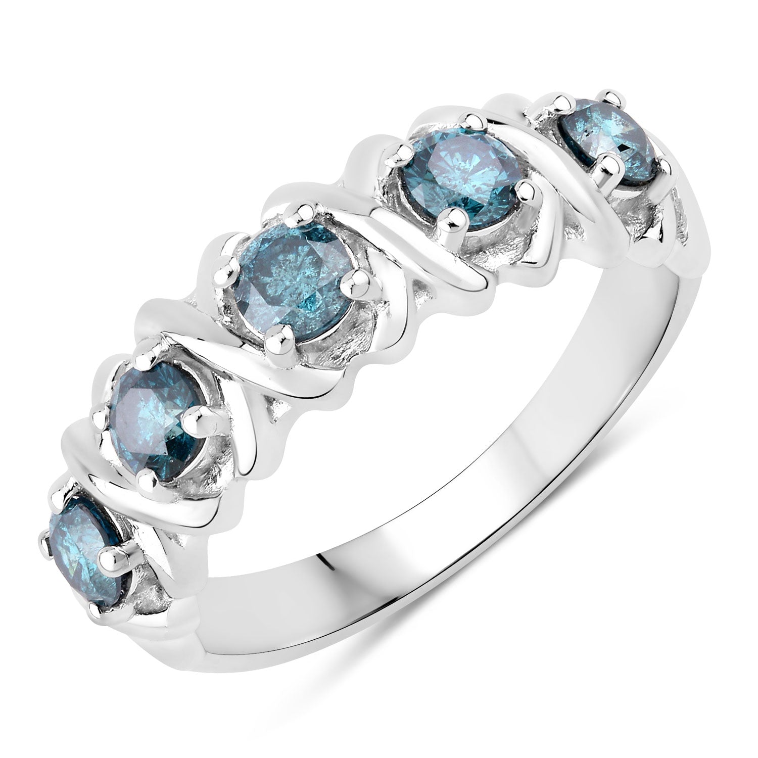 0.76 Cttw Round Teal Blue Diamond Rhodium Plated Silver Five Stone X Band Ring