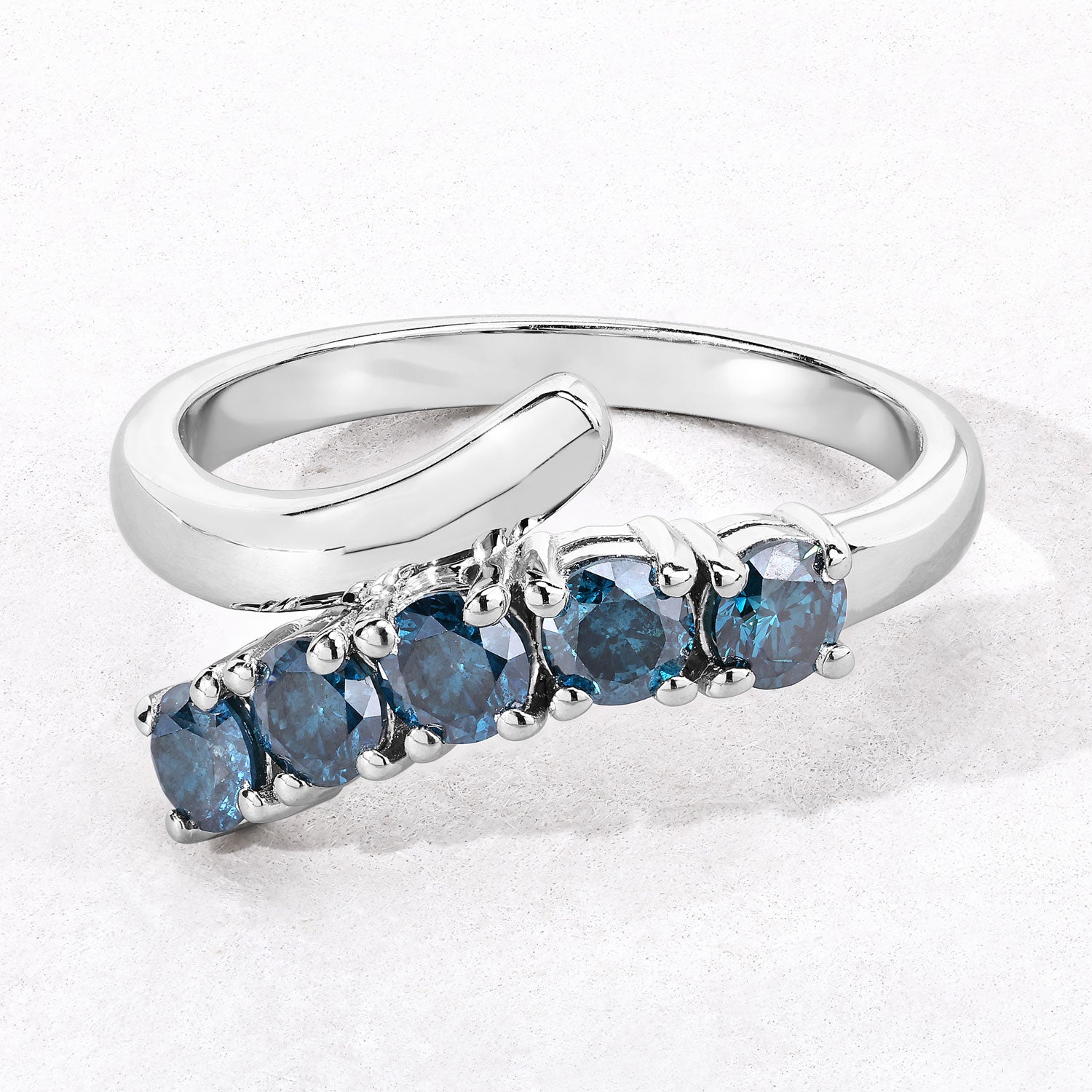 1.01 Cttw Round Teal Blue Diamond Rhodium Plated Silver Five Stone Bypass Ring