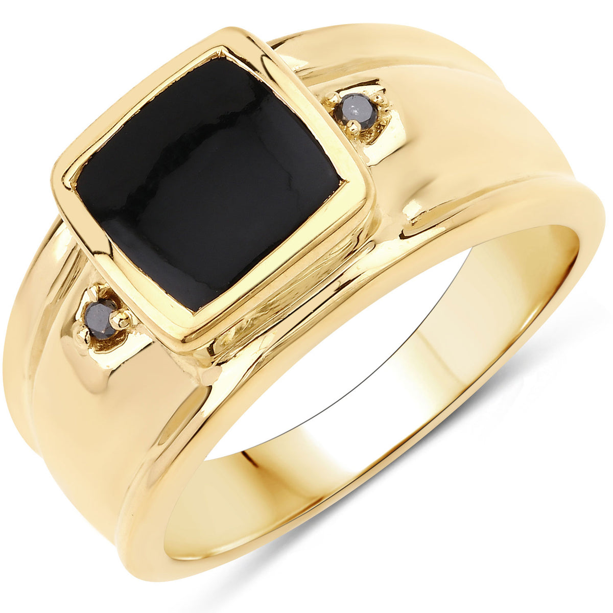 2.03 Cttw Square Black Onyx and Round Black Diamond Bezel 14K Yellow Gold over Silver Signet Ring