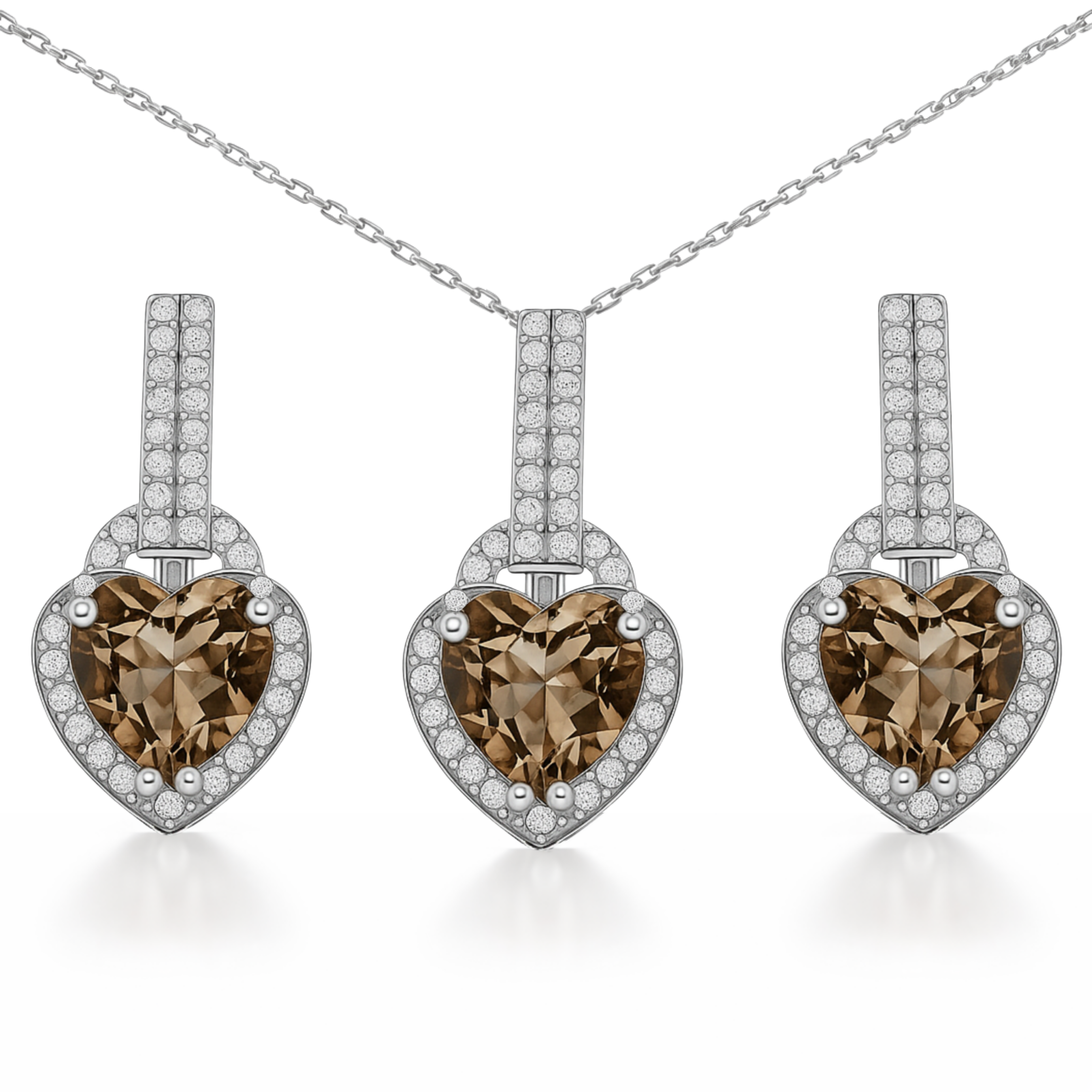 Natural Brown Quartz Heart Sterling Silver Jewelry Set