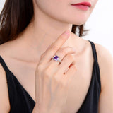 sterling silver plated ring, Model in sapphire ring, model in square cut sapphire ring