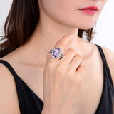 Model in natural amethyst ring, amethyst cocktail ring, chunky amethyst ring for women