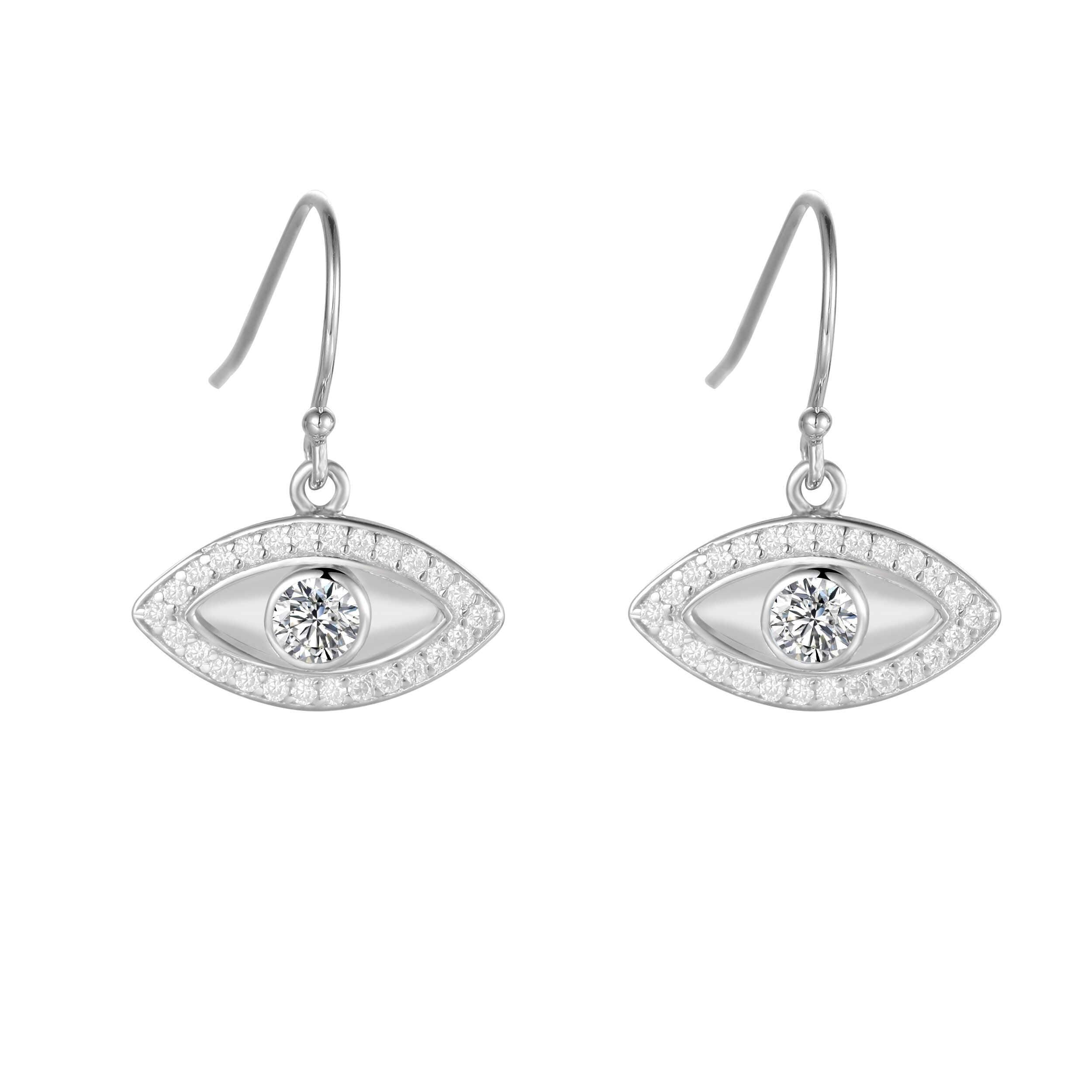 Natural White Topaz Rhodium Plated Evil Eye Earrrings