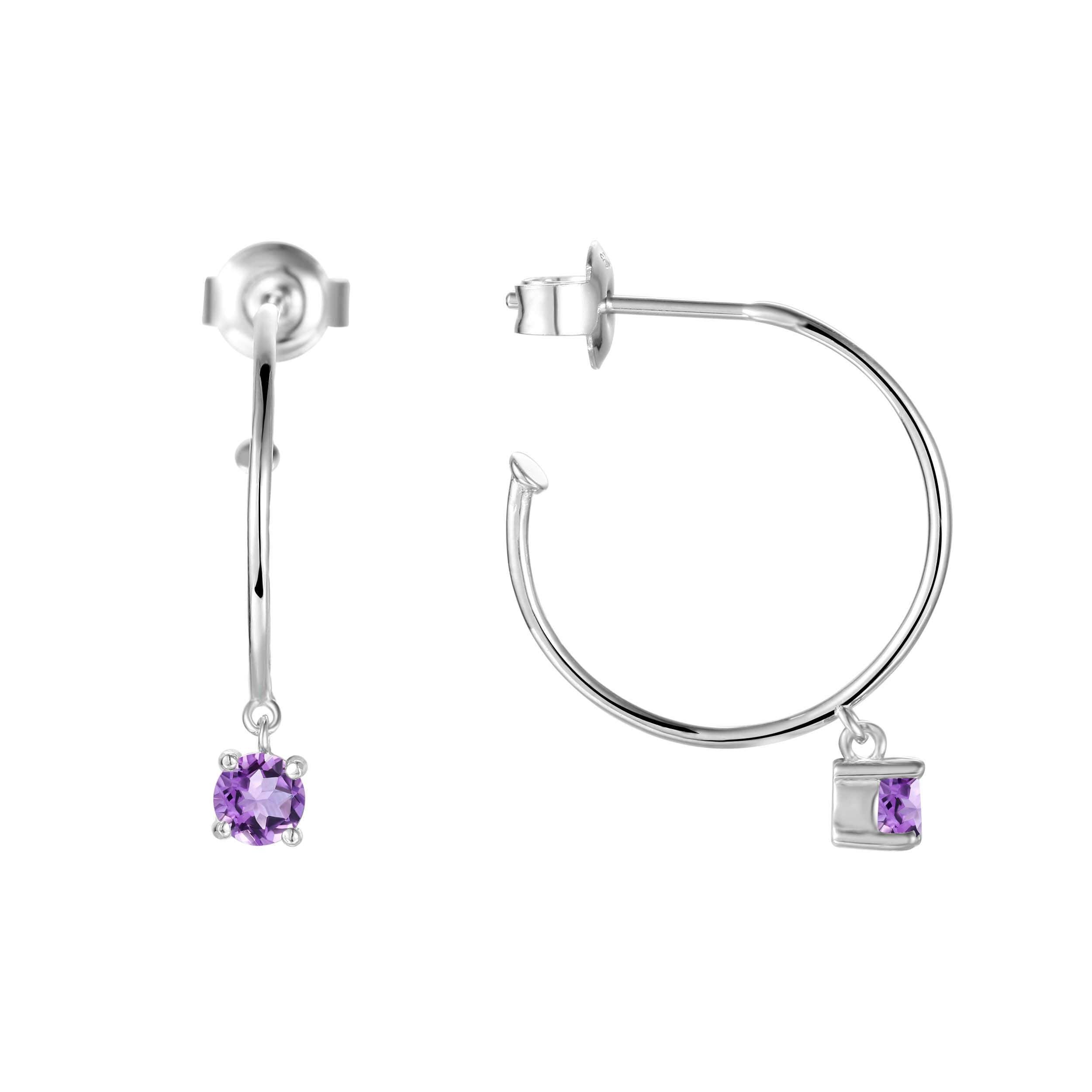 Natural Amethyst Dainty Round Rhodium Earrings